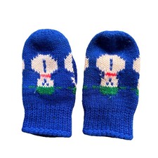 Snowman Mittens Hand Knitted Kids Blue With Pattern On Palms