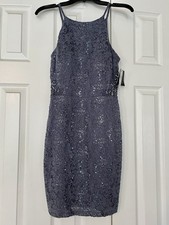 NEW! I.N. San Francisco Size 3 Gunmetal Blue Grey Sequined Lace Cocktail Dress