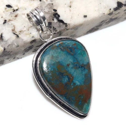 925 Silver Plated Chrysocolla Pendant 2" Luxury Inspired Design Trendy MJ - product listing photo