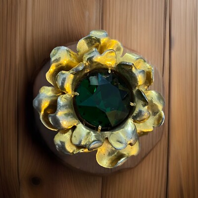 Vintage Eisenberg Original Fur Clip Gold Flower With Emerald Color