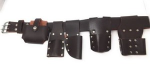 5-in-1 Leather Tool Belt Pouch – Scaffolding Rig With Movable Holders For Level, Spanners, Hammer – Dark Red