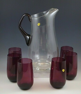 MOD KROSNO POLAND AMETHYST 7 PIECE BEVERAGE SET LG PITCHER 6 TUMBLERS NEW
