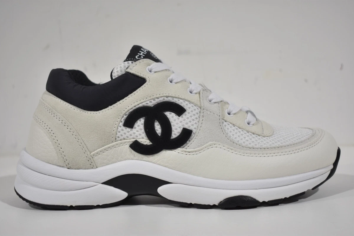 Chanel REV White Black CC Logo Leather Lace Up Flat Runner Trainer Sneaker  39.5