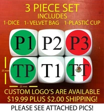TOMA TODO DICE SET - CUSTOM TOMA TODO DICE - MATCHING BAG AND DICE CUP 3 pc. SET