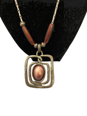 Geometric Square Metal And Bronze Stone Hammered Pendant Silver On 32 Inch Chain