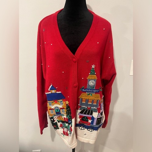 Victoria Jones Christmas Holiday Sweater Vintage 90s Women 3X Red Cardigan