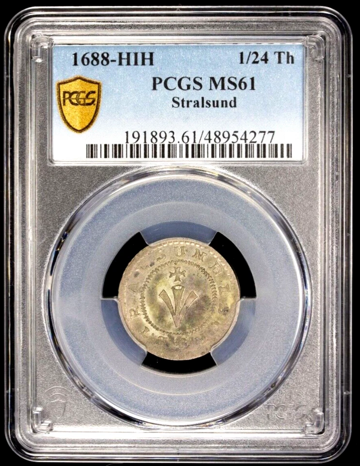 1688 HIH Estados Alemanes Stralsund 1/24 Thaler, PCGS MS 61, KM-186, Alemania Foto 2 de 2
