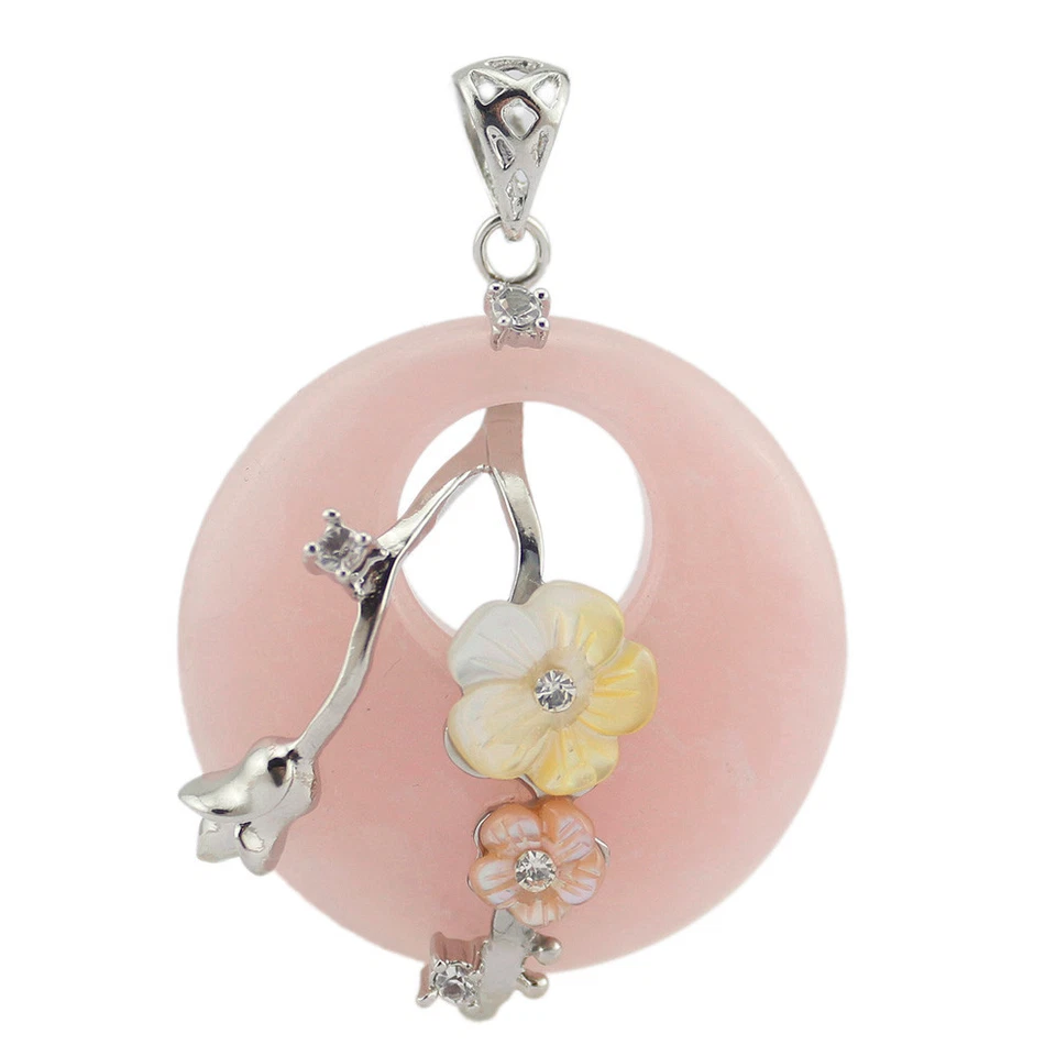 Ожерелье кулоны из чистого серебра с резной раковиной цветком розовым кварцем и драгоценными камнями - Изображение 4 из 4