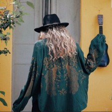 Zara Rare Green & Gold Embroidered Bird Print Kimono Jacket Size M Medium 10 12