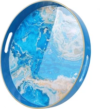 Round Marble Decorative Tray,13" Plastic Serving Tray with Handles for Breakfast