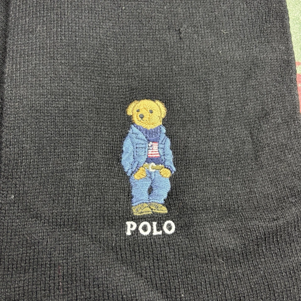 Bufanda envolvente Polo Ralph Lauren Bear negra bordada mezcla de lana tejida 183x23 cm Foto 3 de 4