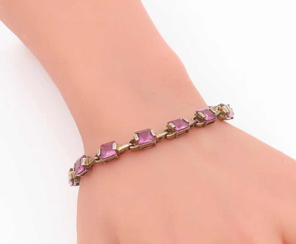 Pulsera de plata de ley 925 vintage corte cuadrado amatista elegante cadena BT11537 Foto 3 de 4