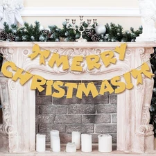 Gold Metal Merry Christmas Banner Garland Sign with Bows Holiday Wall Decor