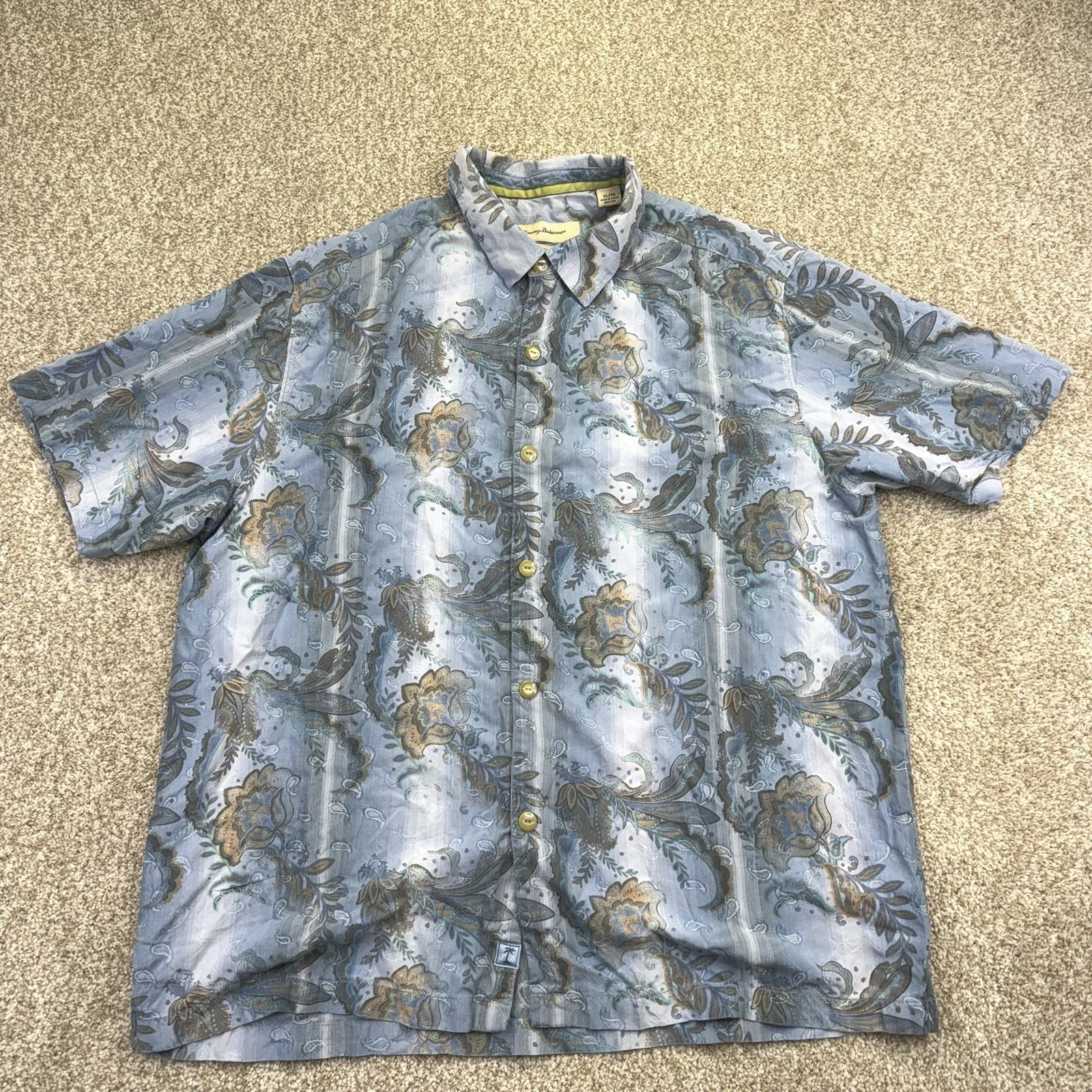 Tommy Bahama Silk Shirt Mens Original Fit XL Blue Hawaiian Floral Short Sleeve