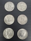 Lot of 6, 3 Walking Liberty & 3 Kennedy Half Dollar US Coins 90% Silver