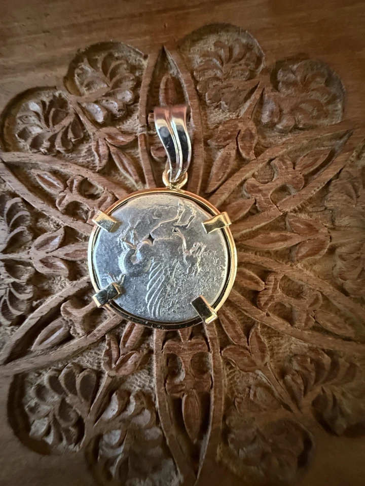 Moneda de plata griega Corinto AR Stater Pegaso y Atenea 300 aC colgante de oro 14k Foto 2 de 3