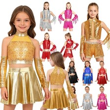 US Girls Dance Disco Outfit Sequin Metallic Top Elastic Shorts Dress Gloves Set