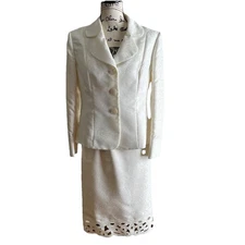Le Suit Size 12 Petite 2 Piece Ivory Brocade Jacket & Skirt Set
