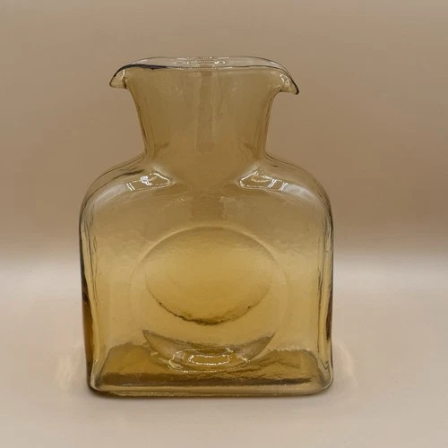 Vintage Blenko Glass 384 Water Bottle Double Spout Pitcher in Wheat 8.25”
