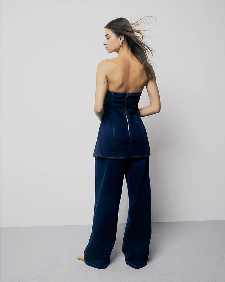 River Island Womens Jumpsuit Indigo Denim Buttoned Bandeau Sleeveless Outfit - Image 2 of 4