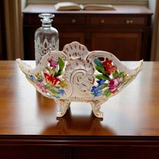 Antique Dresden Carl Thieme Reticulated Hand Painted Floral Centerpiece Bowl