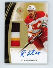 2020-21 UD Ultimate Collection Elias Lindholm Pro Threads Patch Auto #ed 16/49