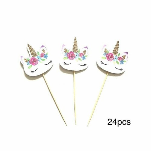 24pcs Unicorn Horse Sleepy Eyelashes DIY Cupcake Toppers Picks Birthday Party - 第 1/1 張圖片