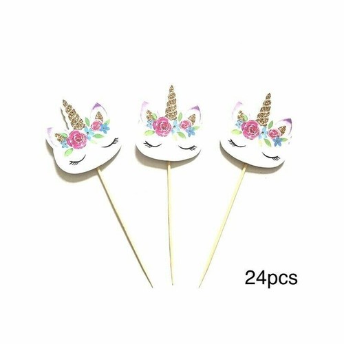 24pcs Unicorn Horse Sleepy Eyelashes DIY Cupcake Toppers Picks Birthday Party - Picture 1 of 1