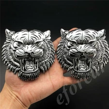 2pcs Big Chrome Metal Tiger Head Car Trunk Rear Side Emblem Badge Decal Sticker