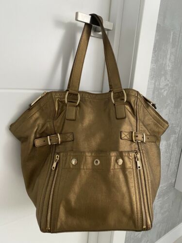 Yves Saint Laurent YSL Downtown Tote Bag Metallic Bronze Gold Leather Shoulder