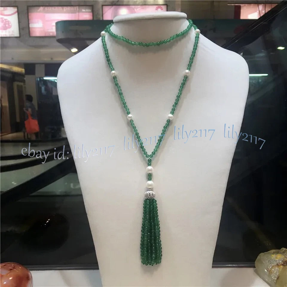 Natural Green Jade Round Gemstone Beads Tassel Pendant Necklace Long 35 inches - Image 3 of 4