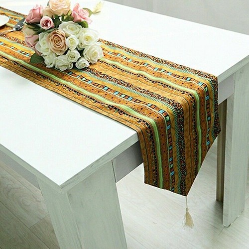 Ethnic Table Runner Boho Tasseled Edges Tablecloth Cotton Linen Table Cover Blue - Picture 9 of 16