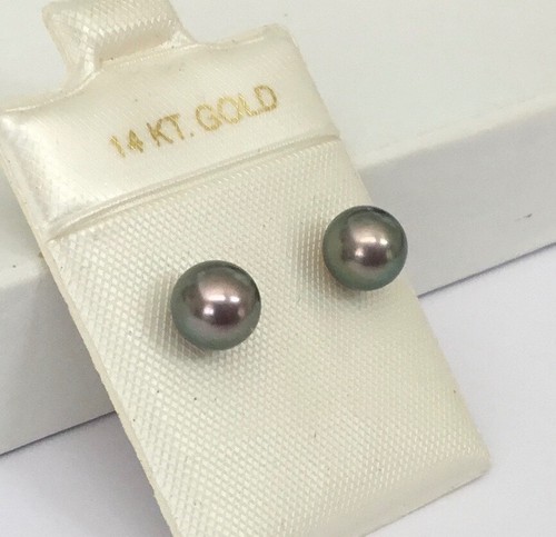 Black Cultured Pearl 6 - 6.5 mm With Solid 14K Yellow Gold Stud Earrings NEW - Picture 2 of 9