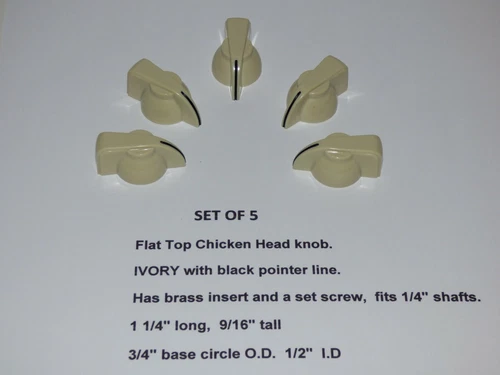 FLAT TOP CHICKEN HEAD KNOB, IVORY IN COLOR,  SET SCREW BRASS INSERT, Set of 5