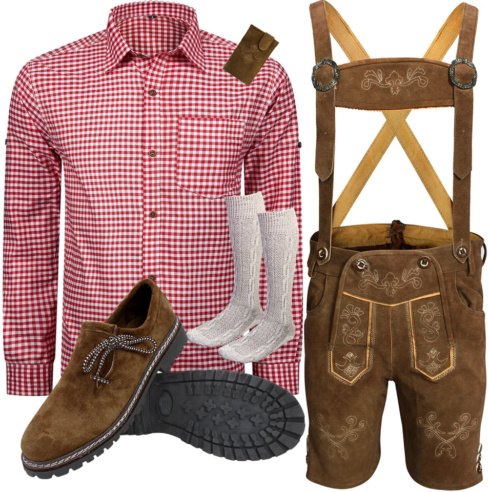 Herren Kurz Trachtenset Trachten Lederhose Trachten Set 6tlg Hose hemd BKHRH06 - Bild 1 von 4