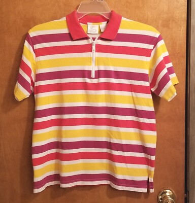 Vintage 90s Polo Shirt Zip V Neck Striped Colorful Womens