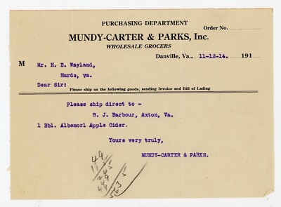 1914 Mundy-Carter & Parks Danville VA Grocers Letter Albemarle Apple Cider Order
