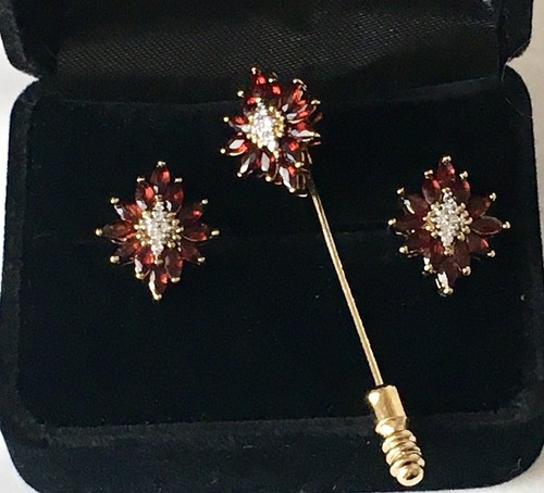 Vintage Garnet Stick Pin W Matching Earrings Marked JC Pierced Gold Tone - Picture 2 of 14