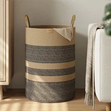 95L Striped Laundry Hamper with Leather Handles,Large Foldable Laundry Basket...