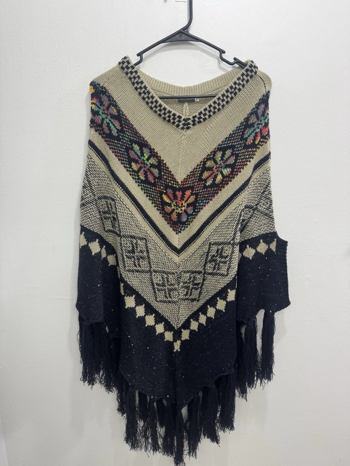 Earthbound Trading Co Boho Fringe Knit Poncho Sweater One Size Floral Western