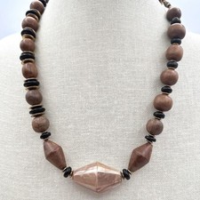 Vintage 80s Wood Bead Necklace Geometric Pendant Brown Black Gold Tone Jewelry