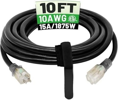 POWGRN 10 Ft 10/3 Black Outdoor Extension Cord Waterproof Heavy Duty 10 Gauge...