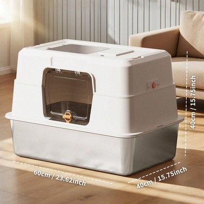 Stainless Steel Litter Box With Lid, Enclosed Covered Cat Litter Box For Cats
