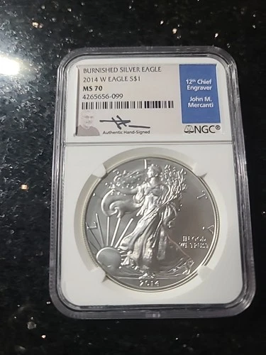 2014 W Burnished Silver Eagle, NGC MS 70, Mercanti Signed, Mint Engraver Series
