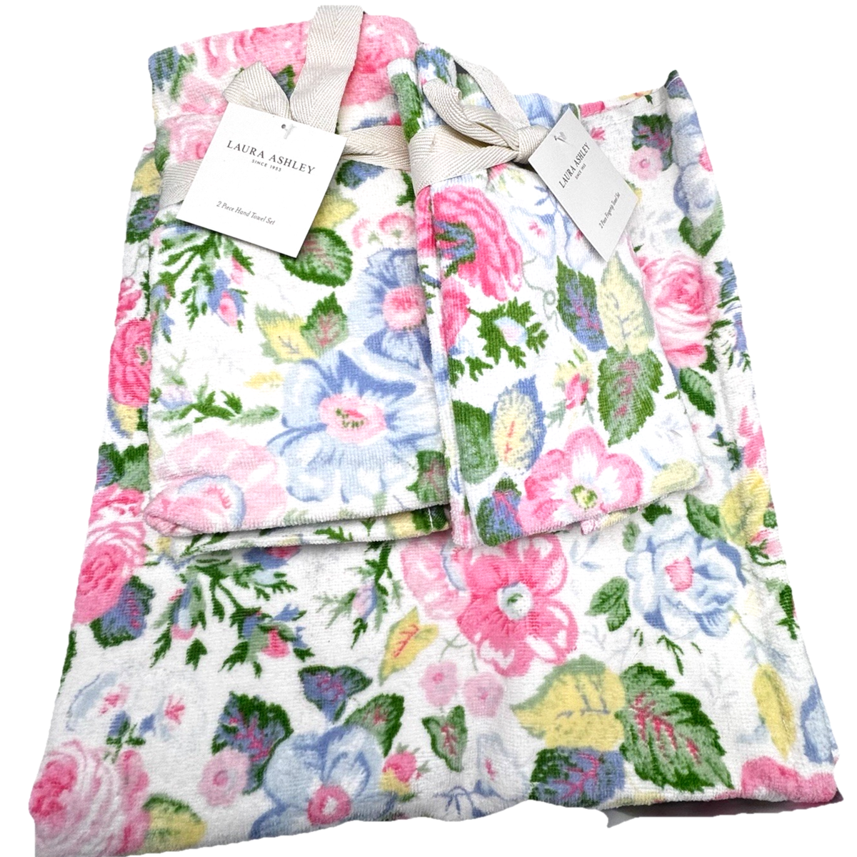 6 pc Laura Ashley FLORAL QUARTET Pink Blue Velour Bath Hand Tip