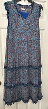 J Jill Coastal Ruffles Paisley Tiered Midi Dress L Blue Red Boho Flounce Lined