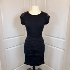 MAJE Little Black Dress Sz 2, Embellished Shoulder Ruched Bodycon Party Cocktail
