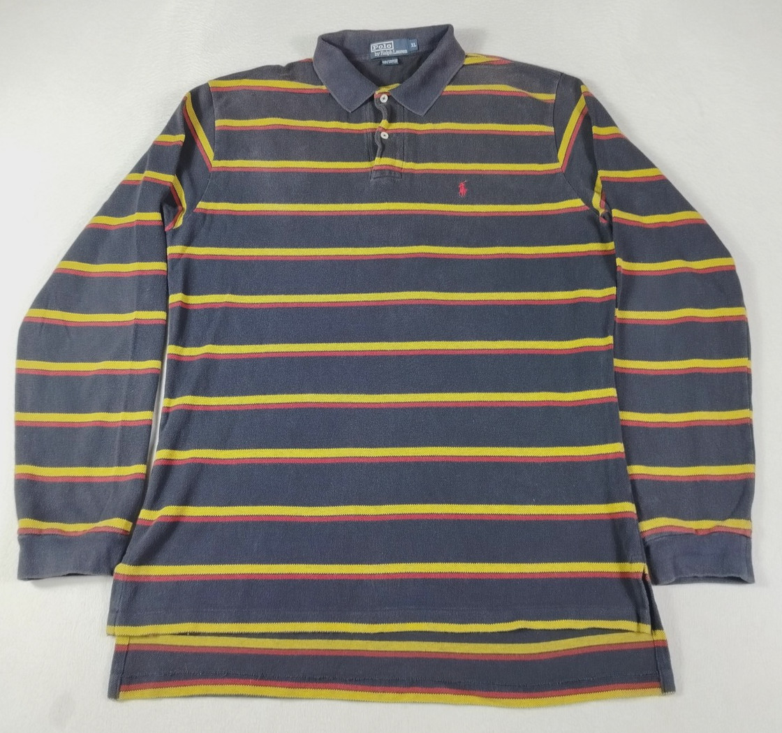Vintage Polo By Ralph Lauren Polo Shirt Mens XL Blue Striped Long Sleeve Preppy
