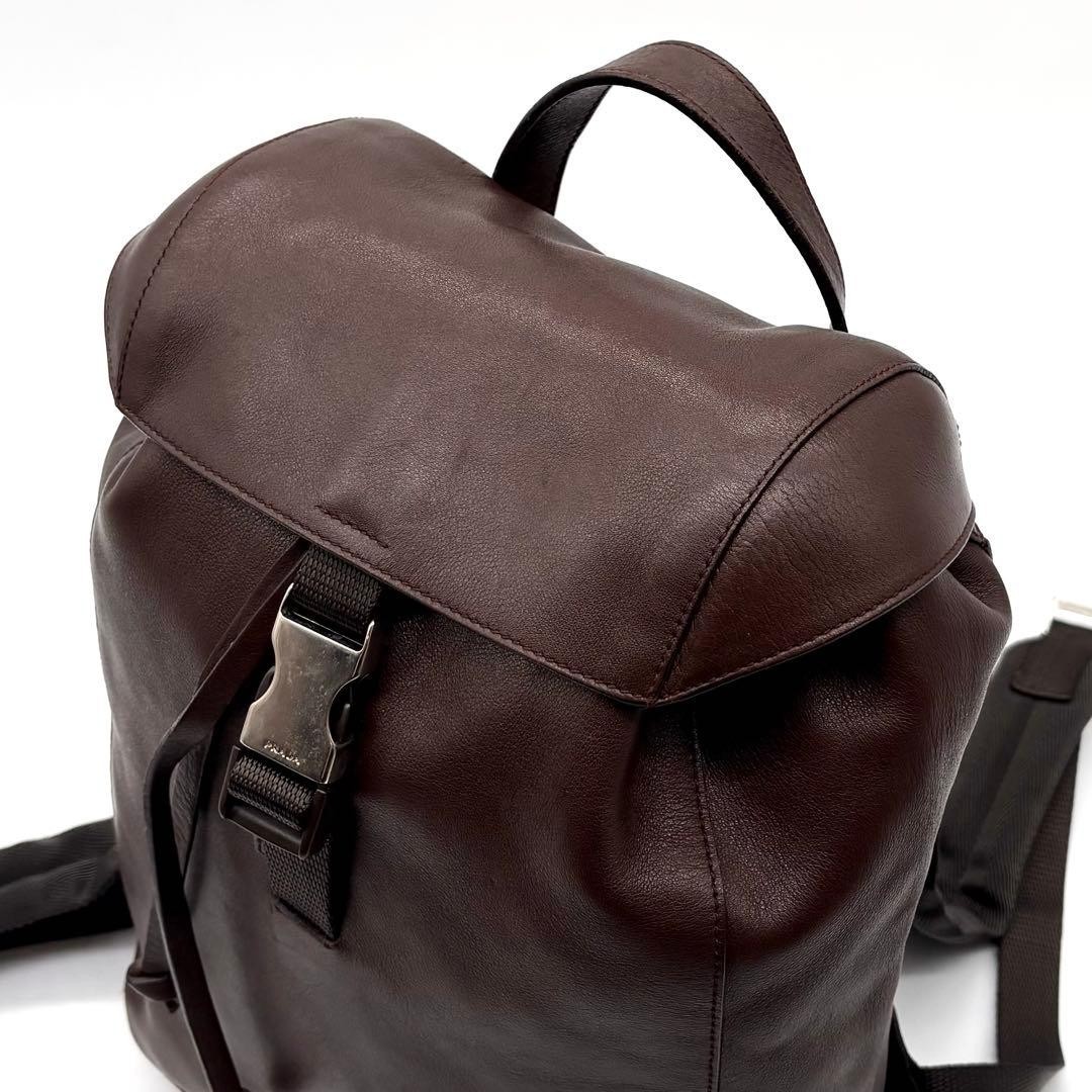 Prada Backpack Drawstring Leather Brown Logo Embo… - image 5