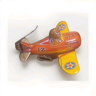 Vintage 1940s Marx Red Roll Over Plane #12 Tin Wind-up Stunt Airplane - Works!